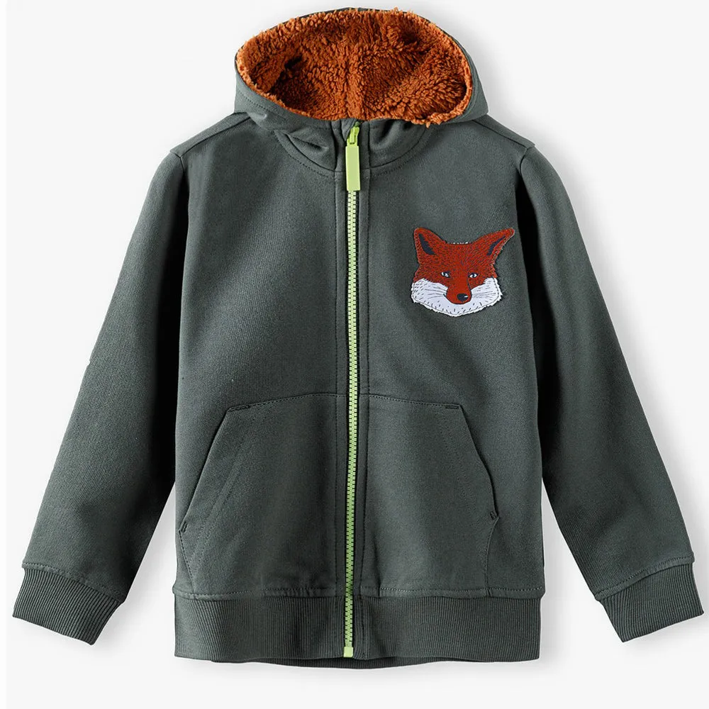 51015 Fox Badge Sherpa Cap Green Zipper Hoodie 8460