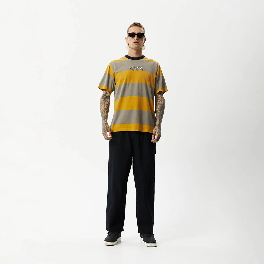 AFENDS Mens Space - Stripes Retro Logo T-Shirt - Mustard Stripe