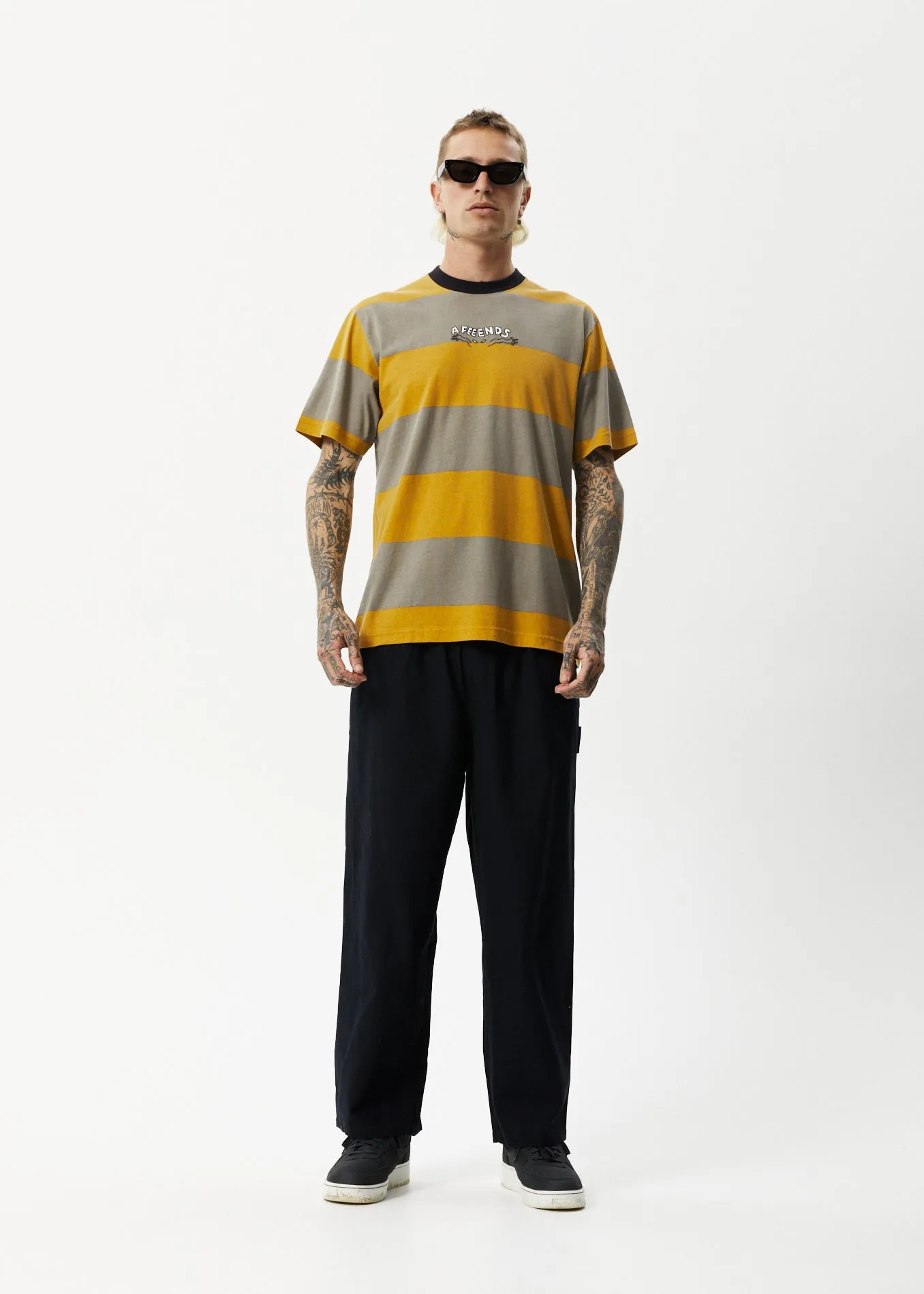 AFENDS Mens Space - Stripes Retro Logo T-Shirt - Mustard Stripe