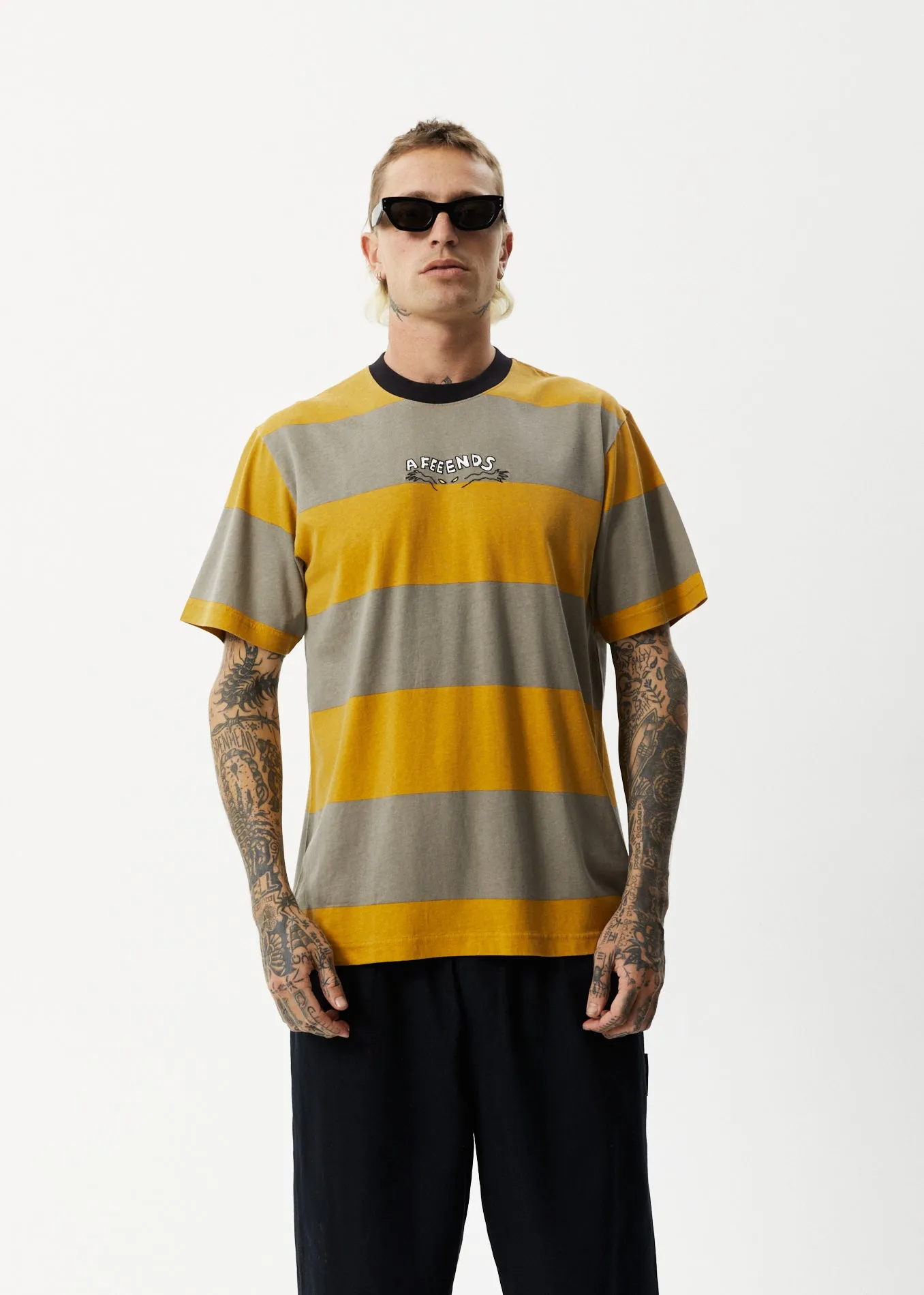 AFENDS Mens Space - Stripes Retro Logo T-Shirt - Mustard Stripe