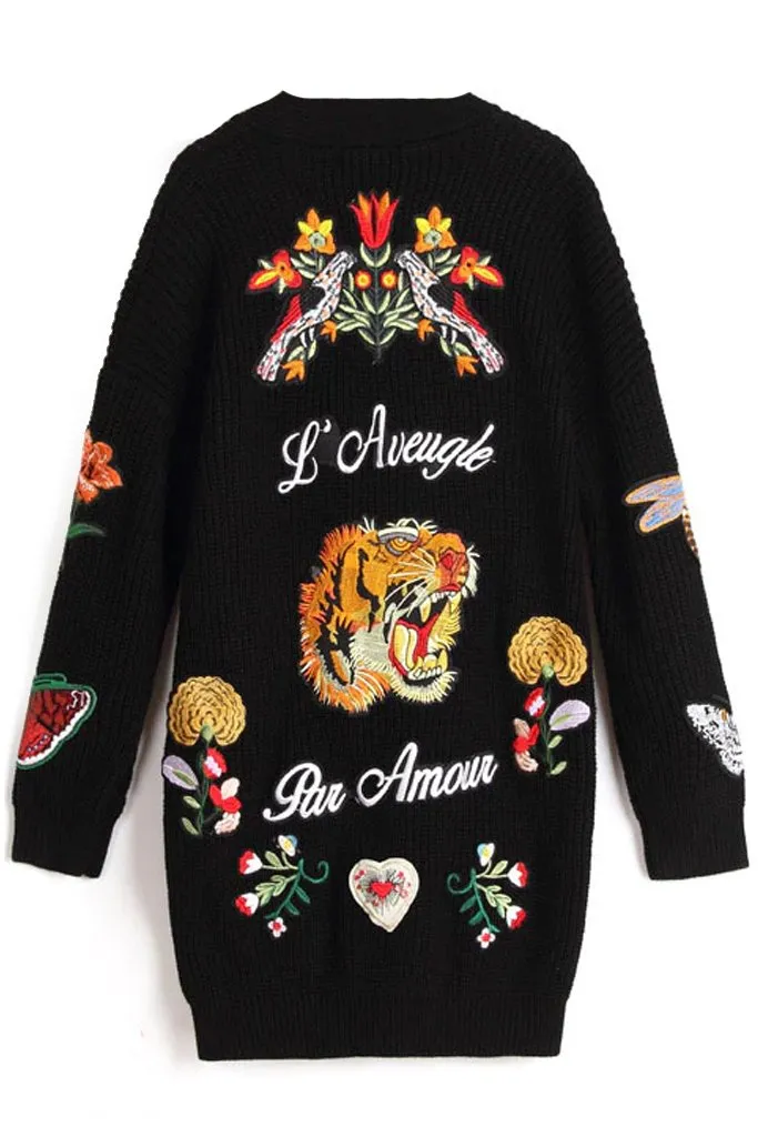 Caspiana Black Long Knit Cardigan with Embroidery