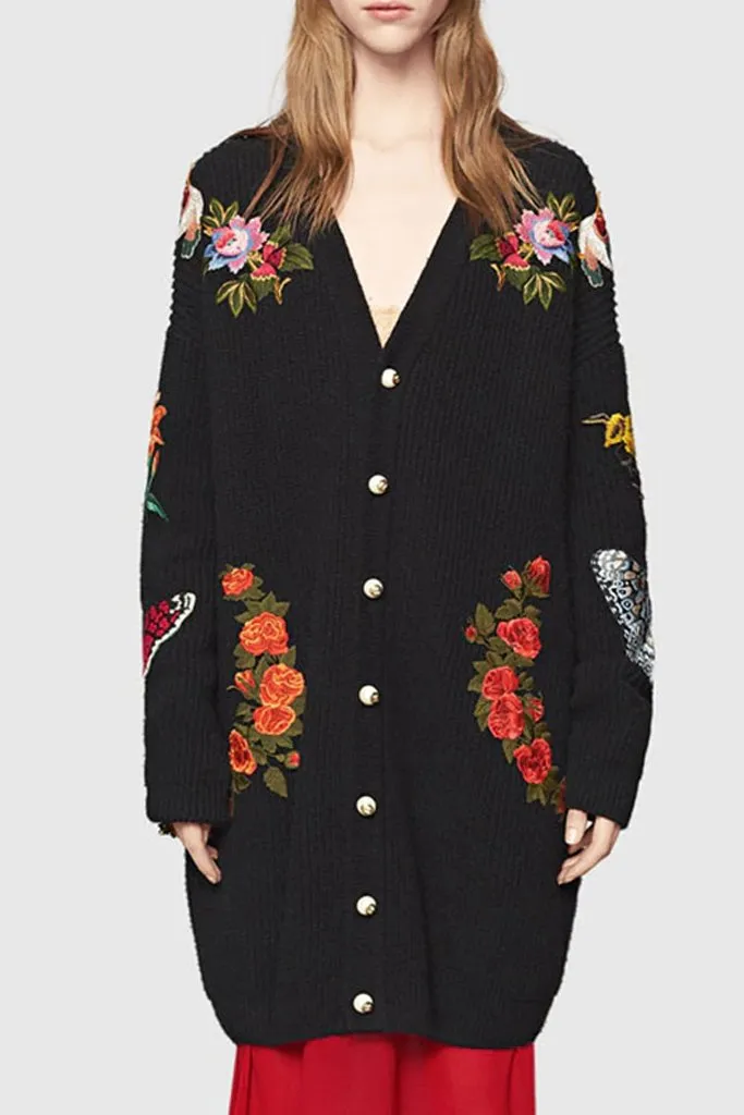 Caspiana Black Long Knit Cardigan with Embroidery