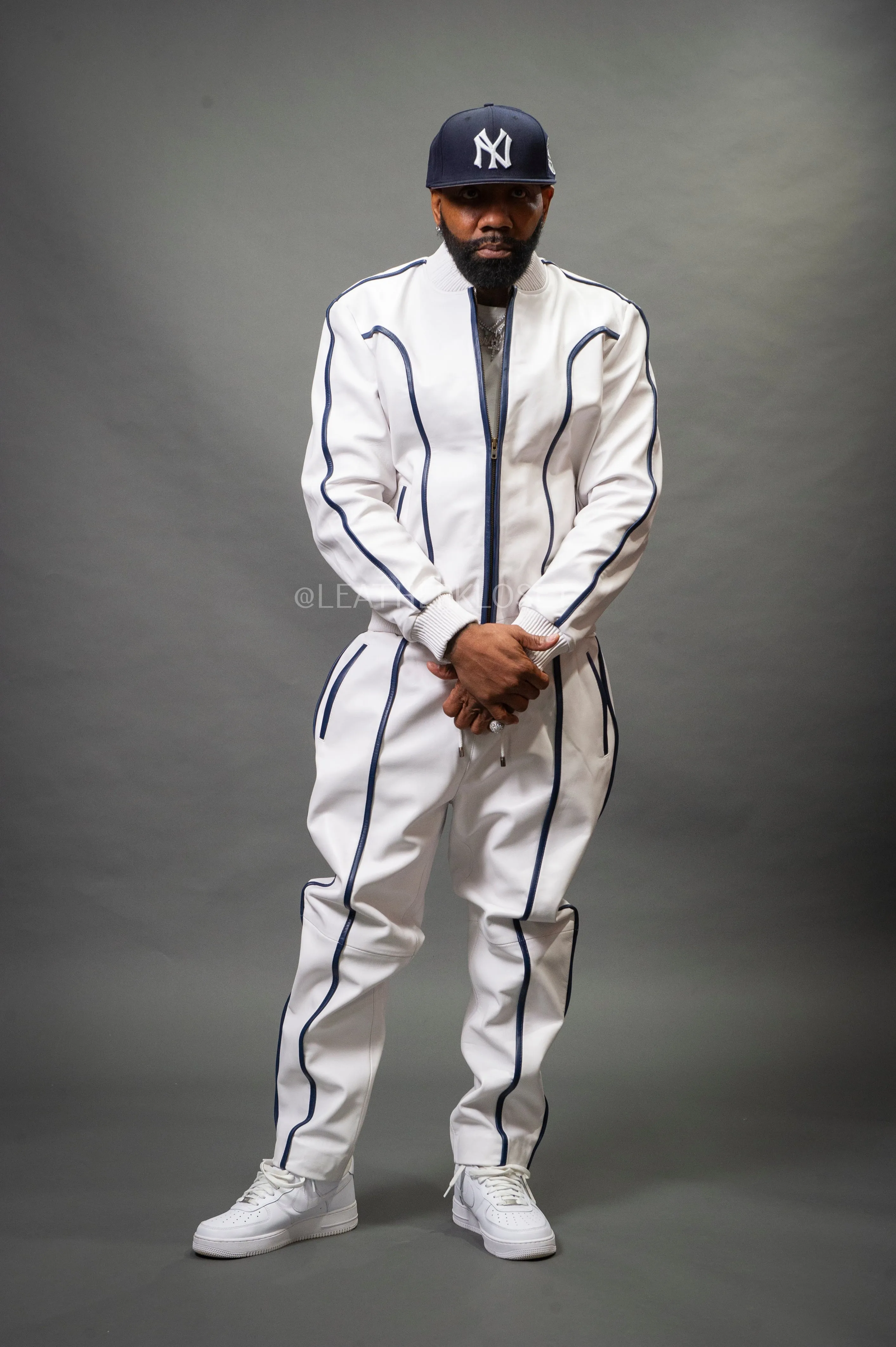 Men's Brayden Leather Track Suit Sweatsuit [White/Navy]