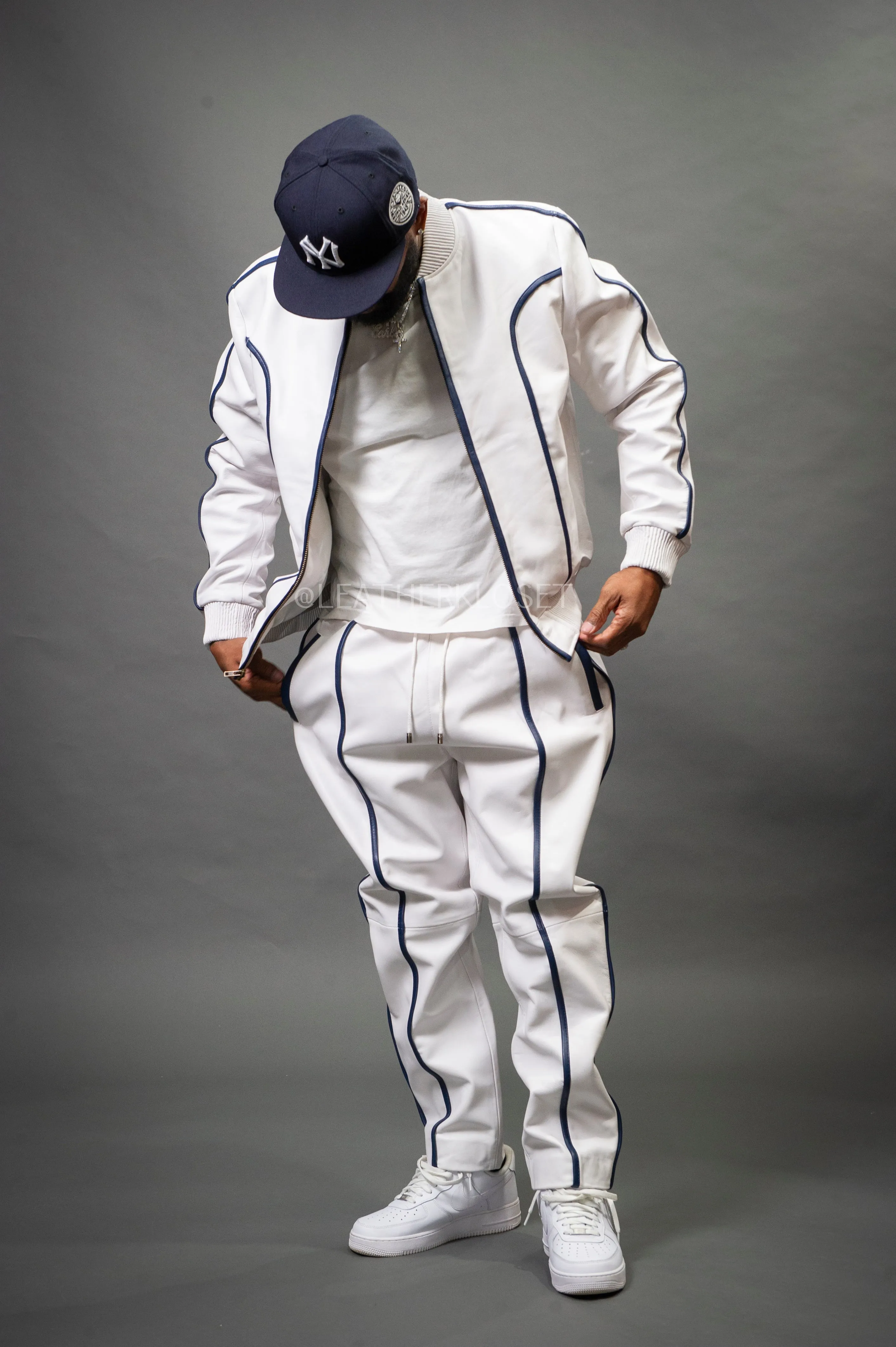 Men's Brayden Leather Track Suit Sweatsuit [White/Navy]