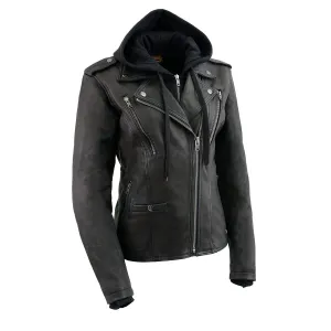 MLL2575 Women's Black Leather Vented Motorcycle Jacket w/ Removable Hoodie