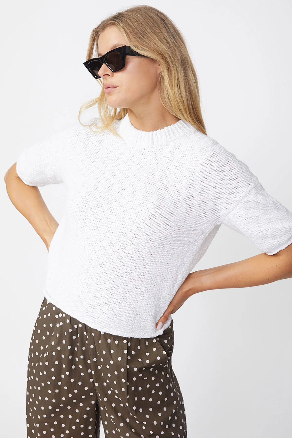 Stateside Cotton Linen Short Sleeve Sweater in White